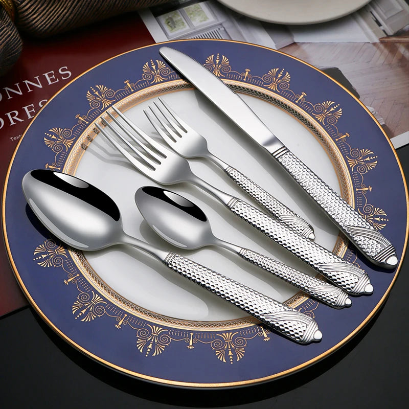 Knife Fork Spoon Silverware Hammer Handle Flatware Sets Wedding Stainless Steel Hammered Cutlery Set of 5 pcs