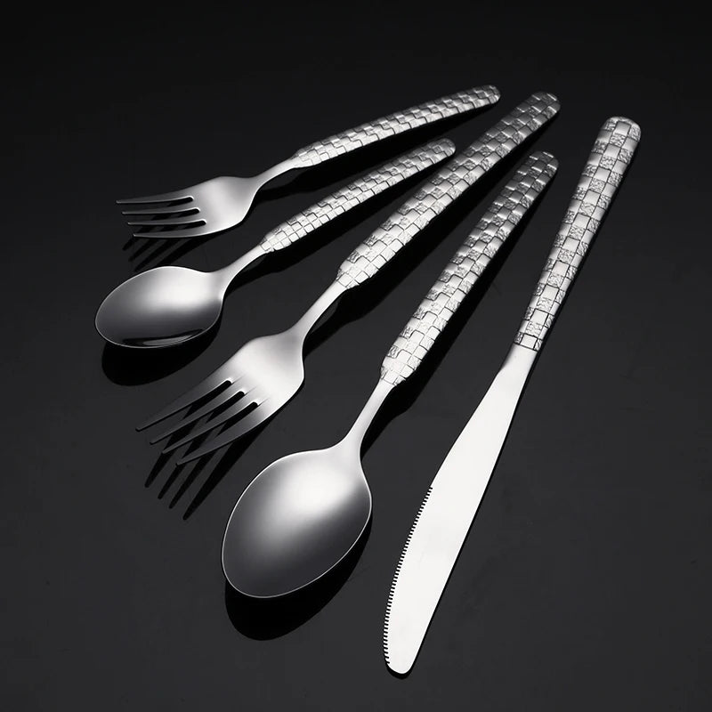 New High Quality Stainless Steel Silverware Set 5 pcs Spoons Forks and Knives Wedding Gold Flatware for Events Gift